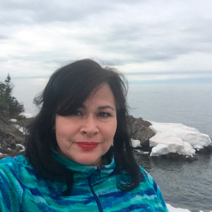 Angeline Boulley by lake in winter