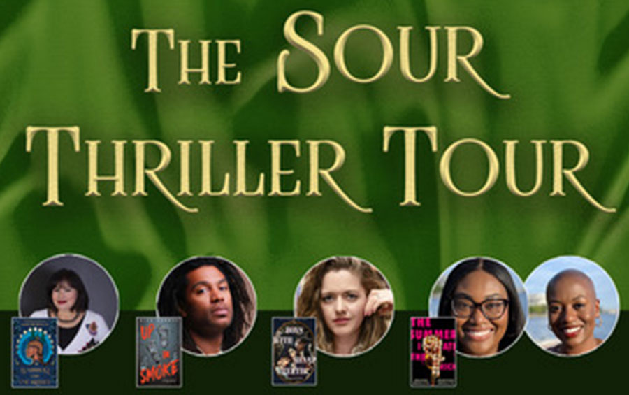 'The Sour Thriller Tour' with photos of 5 artists and their books